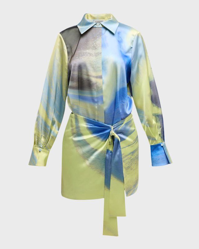 Lanie Long-Sleeve Waist-Tie Mini Shirtdress